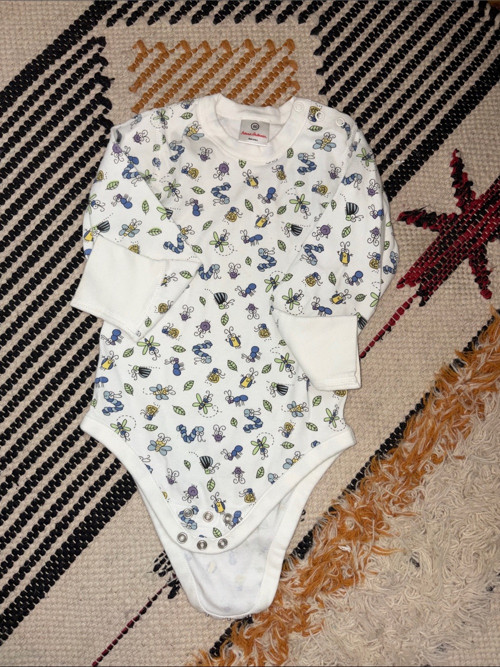 Hanna Andersson White Bug & Flower Print Long Sleeve Onesie